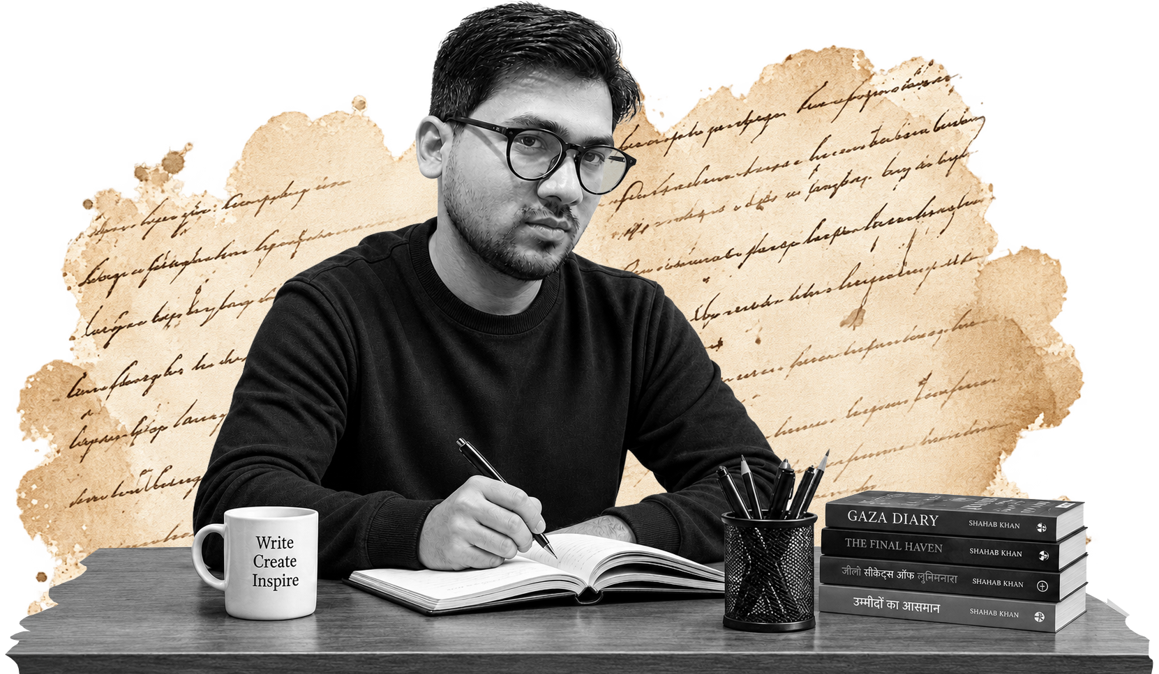 Shahab Khan 'Sifar' writing at his desk