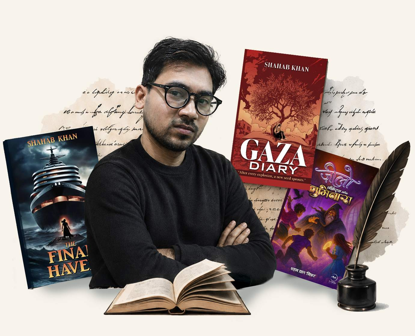 Shahab Khan 'Sifar', Hindi and English author, pictured with his published books