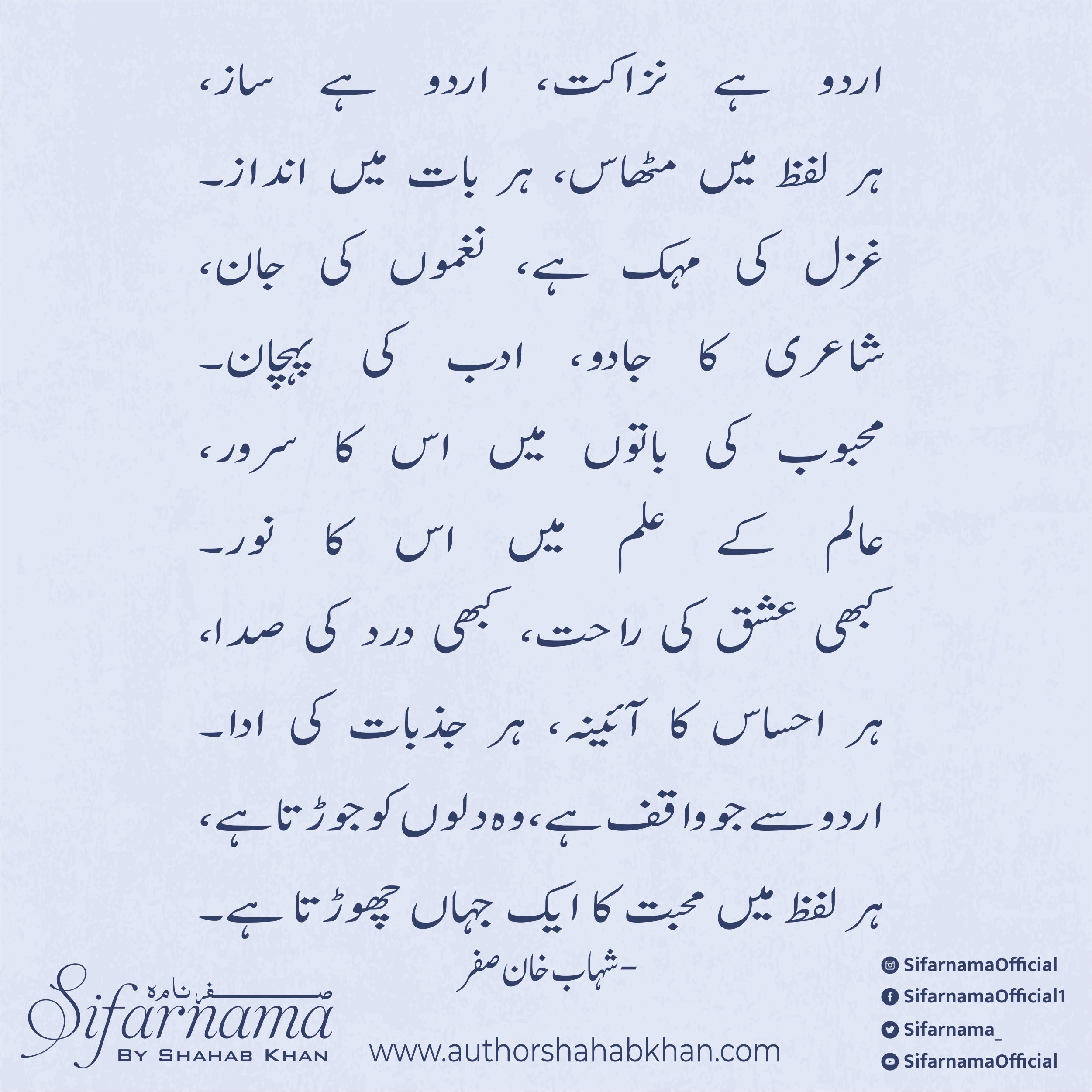 Urdu Poetry By Shahab Khan 'Sifar'