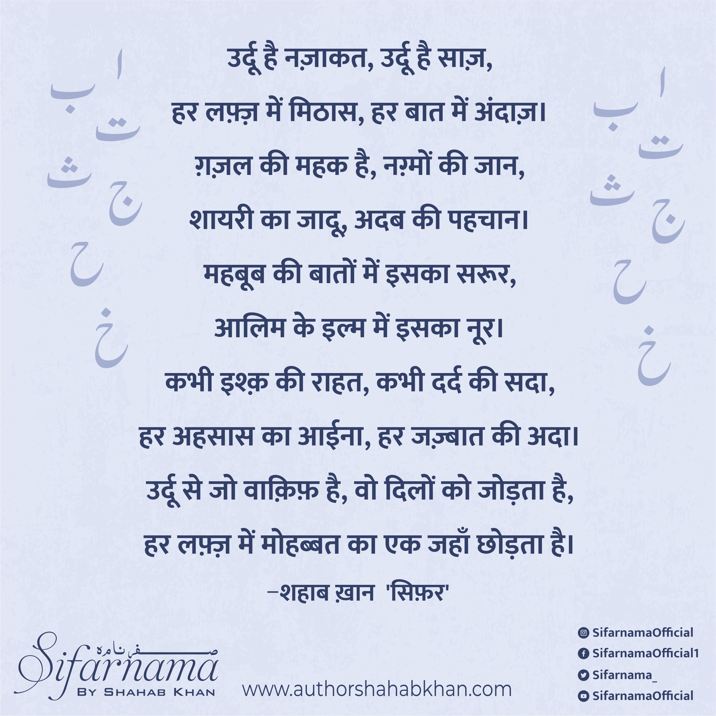 Urdu Poetry By Shahab Khan 'Sifar'
