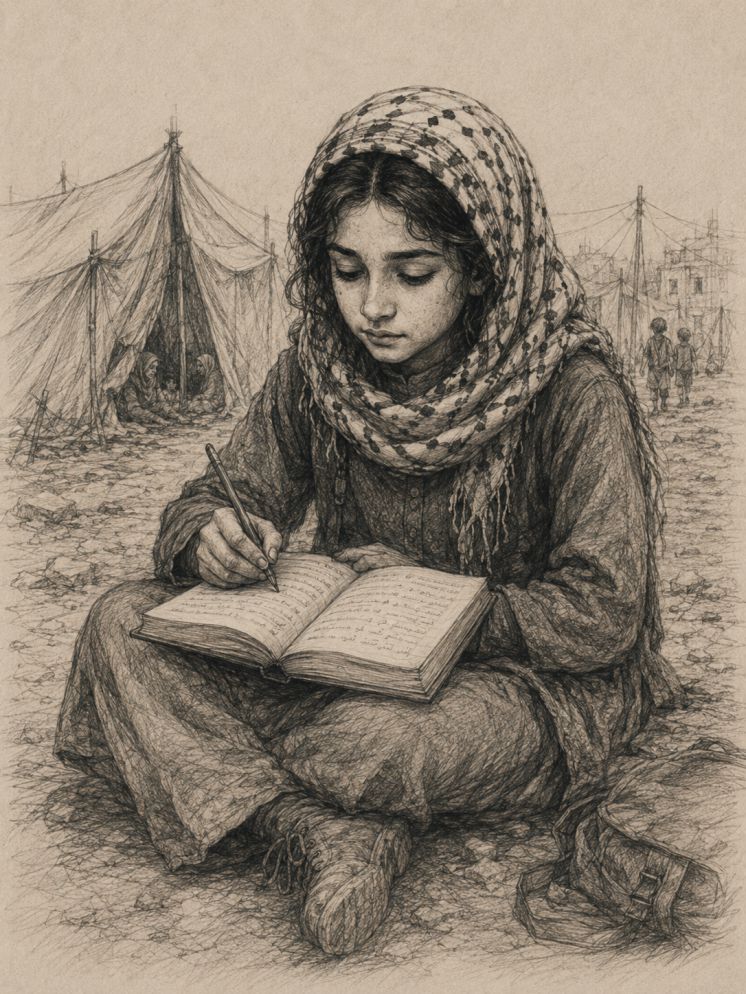 Mariam, the twelve-year-old protagonist of Gaza Diary, writing in her diary